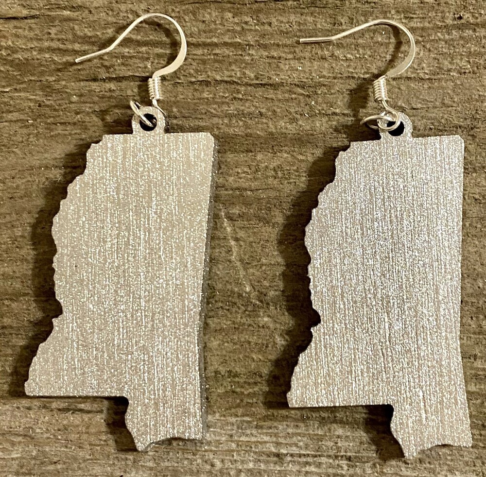 Wood Earrings - 2" x 1.16" - Mississippi - Metallic Silver - E016-06